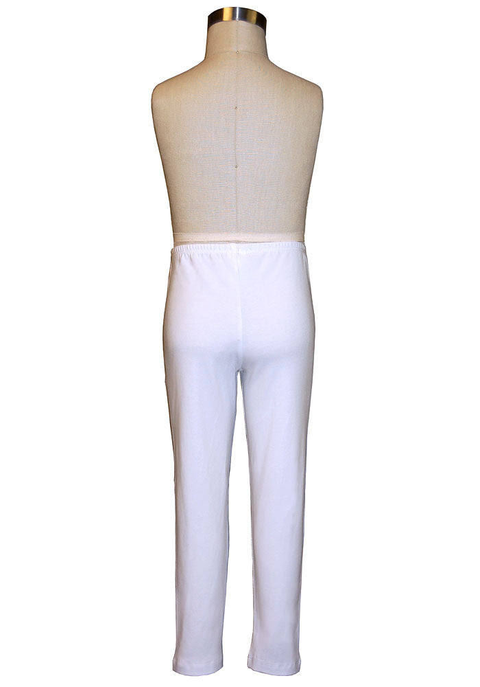 White long cotton/spandex ankle-length leggings on a mannequin on a white background.
