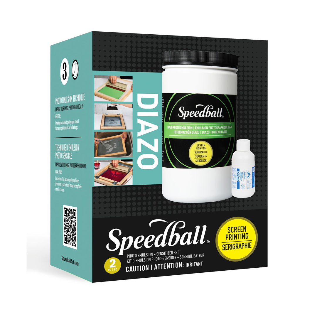 Speedball screen printing kit packaging showing graphics, branding, product bottles and screenprinting preocess on a white background.