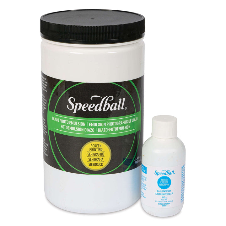 Kit contents of two Speedball products: a large jar of photo emulsion and a small bottleof sensitizer on a white background.