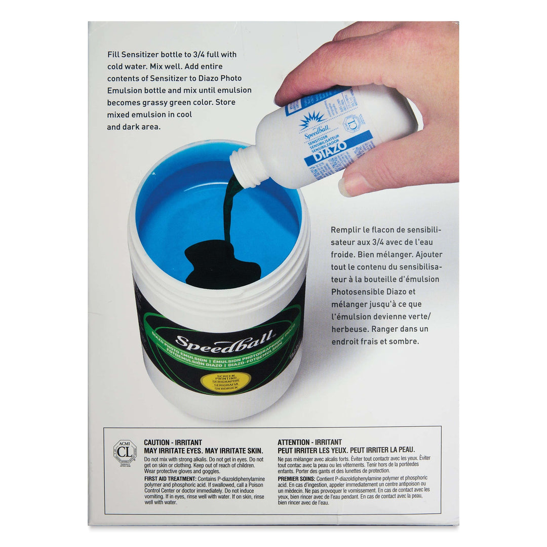 Hand pouring sensitizer liquid into a Speedball photo emulsion container with instructions on a white background.