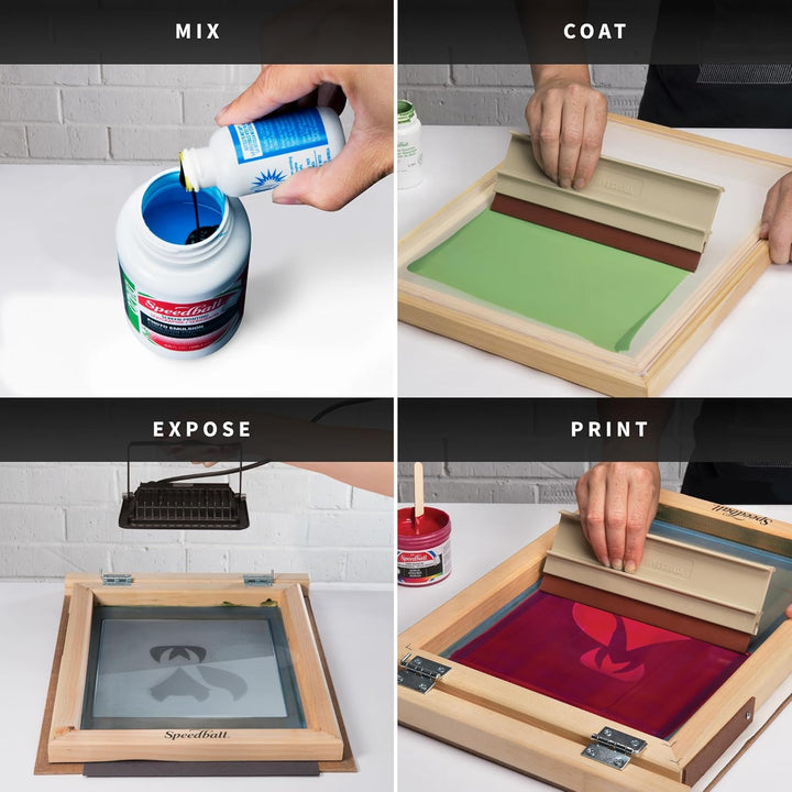 Step-by-step process of making a screen printing with images of mixing emulsion, coating a frame, exposing the screen, and printing.