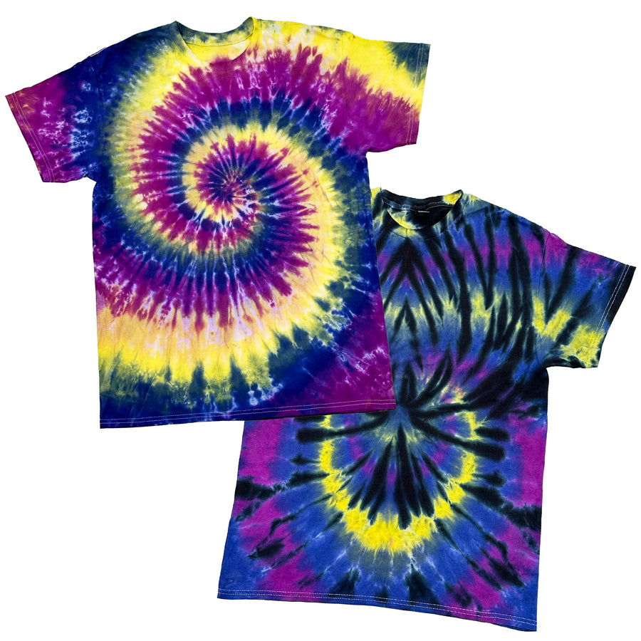 T-Shirts tie-dyed using our 3 new pure Dharma Fiber Reactive Dyes: 196 Sunny Side Up, 197 Blue Velvet, & 198 Purpureus