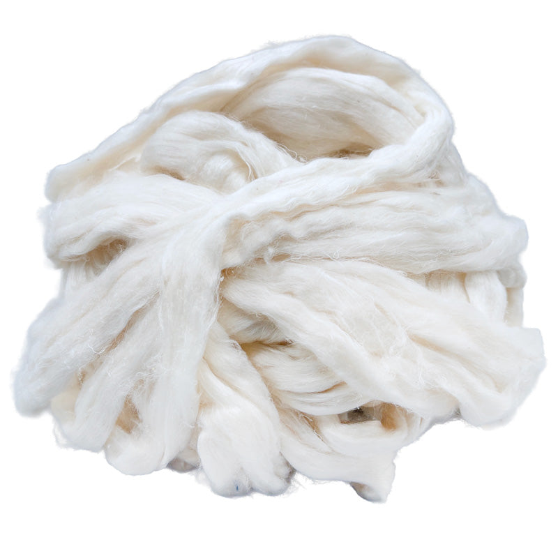 Silk yarn roving fiber coils in a pile, on a white background.