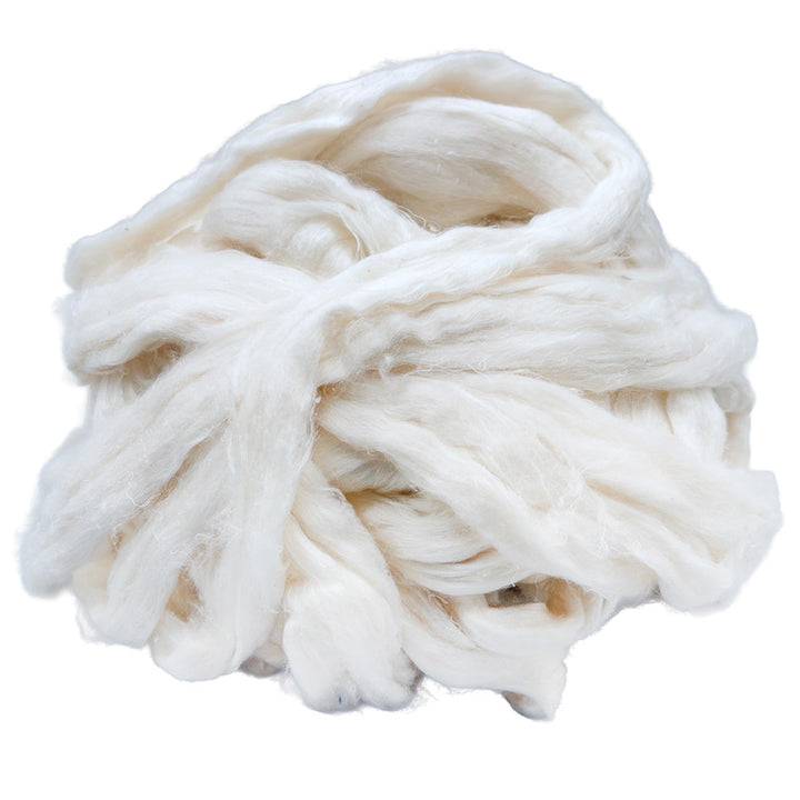 Silk yarn roving fiber coils in a pile, on a white background.