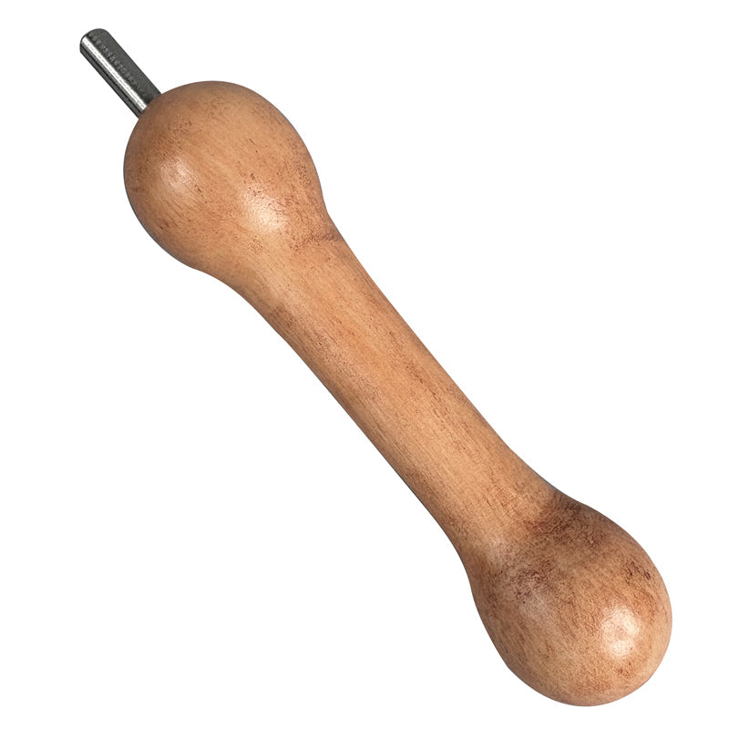 Wooden handle with bulbed ends and a metal tip on a white background
