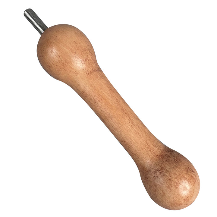 Wooden handle with bulbed ends and a metal tip on a white background