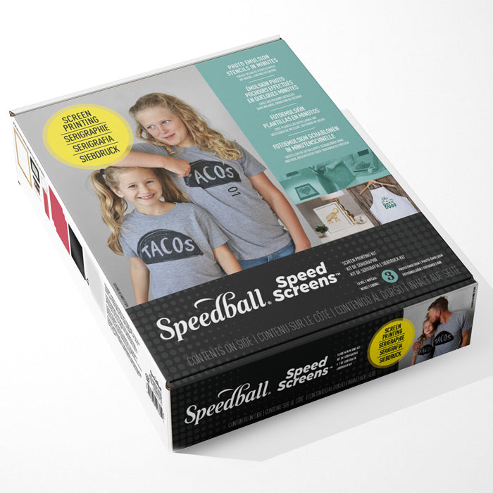 Speedball Speed Screens packaging with two children wearing gray screen printed  t-shirts on a white background