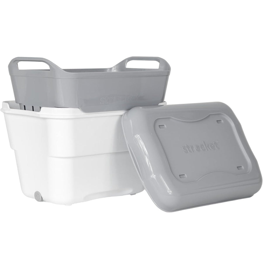 Strucket Mini: One gallon white bucket with a grey strainer, lid, and drain plug.