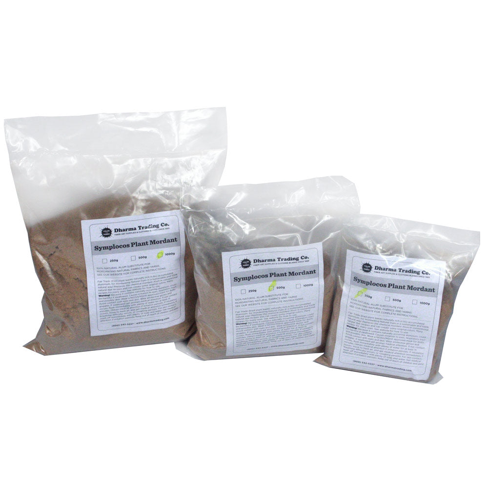 Three different sized bags of Dharma Trading Co. Symplocos Plant Mordan on a white background