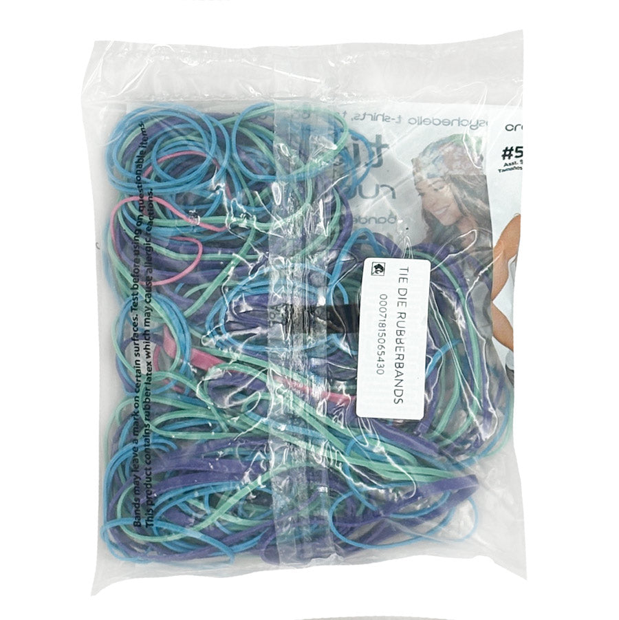 Package of colorful, multi-size tie-dye rubber bands on a white background.