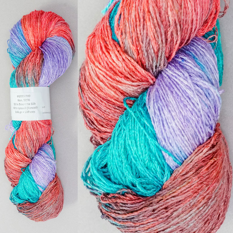 Dyed example dyed using PR #'s 151 Parakeet (T), 14 Coral Pink, 83 Wisteria