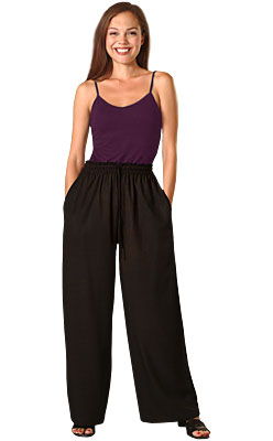 Black Rayon Elastic Waist Drawstring Pants